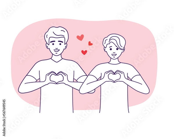 Obraz Young man and woman making heart shape with hands. Love and Valentine's day concept. Vector illustration.