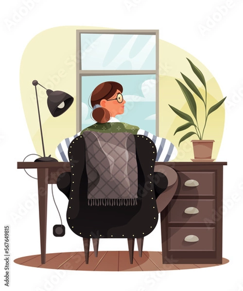 Fototapeta The girl is sitting in a chair near the window. Work at home. Vector illustration. Character design.