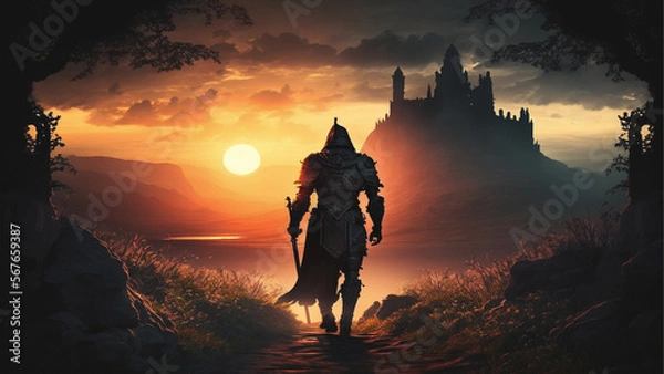 Fototapeta fantasy silhouette of a knight front of castle 