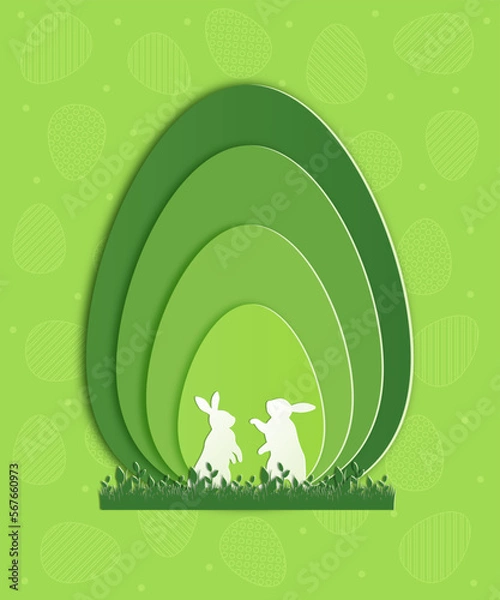 Fototapeta Happy easter day card with rabbits in the grass on the background of eggs in paper cut style; Poster, banner, background, wallpaper
