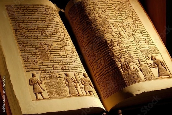 Fototapeta Ancient Egyptian book of the dead. Fantasy book, black book with mummies. Generative AI