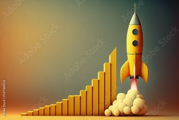 Obraz Rocket ship illustration with bar graph, yellow background. Generative AI