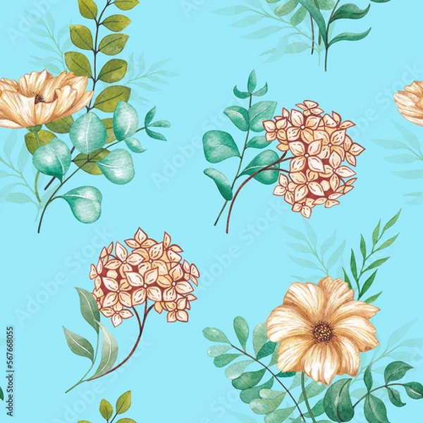 Obraz Seamless pattern with beautiful flowers and leaves. Watercolor illustration.