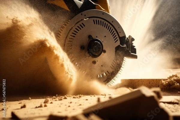 Fototapeta Close up wood circular saw sawing wood with flying chips and dust in warm light