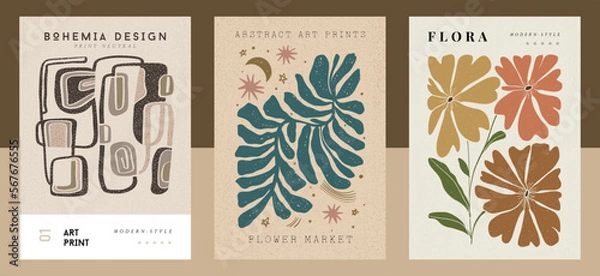 Fototapeta Large set of modern A4 posters in a modern boho style, hand-drawn. Suitable for poster, banner, printing, branding