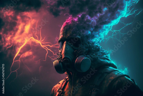 Fototapeta Post apocalyptic survivor in gas mask. Environmental disaster, Armageddon - Dystopia -  destroyed buildings -  in a post-apocalyptic World - Generative AI