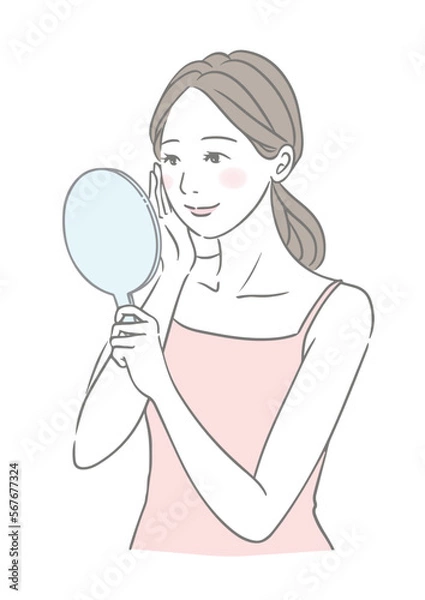 Fototapeta 手鏡を見る微笑む女性 美容イメージイラスト