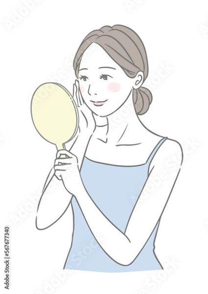 Fototapeta 手鏡を見る微笑む女性 美容イメージイラスト 青