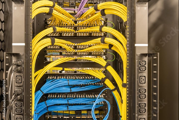 Obraz Rack with power sockets on a side, multiple switches and routers with tidily patched network cables, RJ45, data centre, networking