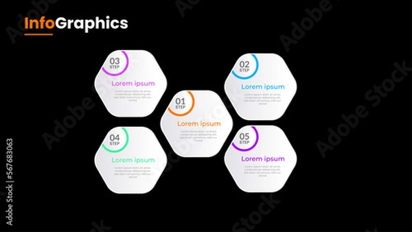 Fototapeta 5 steps business infographics design for used in flow diagram , presentation and workflow.