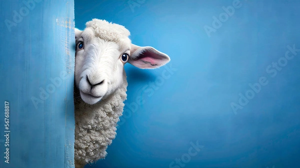 Fototapeta A Portrait of a Sheep hiding behind blue wall. It looks frightened, generative ai