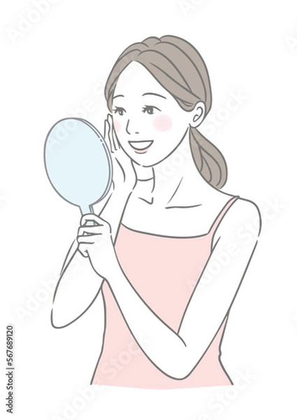Obraz 手鏡を見る笑顔の女性 美容イメージイラスト