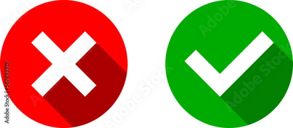 Fototapeta Yes and No or Right and Wrong or Approved and Declined Icons with Check Mark and X Signs with 3D Shadow Effect in Green and Red Circles. Vector Image.