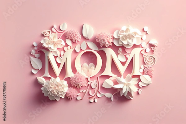 Fototapeta Surprising abstract text declaration of mom love made from white letters and flowers on pink background. Generative Ai