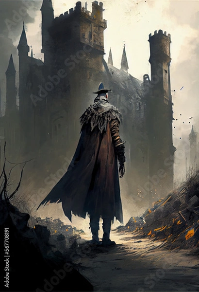 Fototapeta Vampire hunter warrior going into a castle