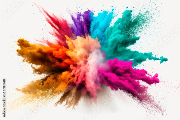 Fototapeta Multicolored explosion of rainbow holi powder paint isolated on white background. Generative AI