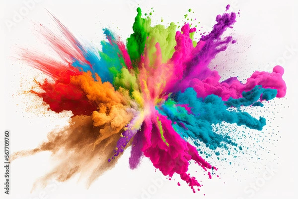 Fototapeta Multicolored explosion of rainbow holi powder paint isolated on white background. Generative AI