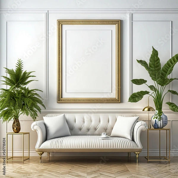 Fototapeta Frame mockup in modern home interior background, 3d render. Mockup wall. Generative AI