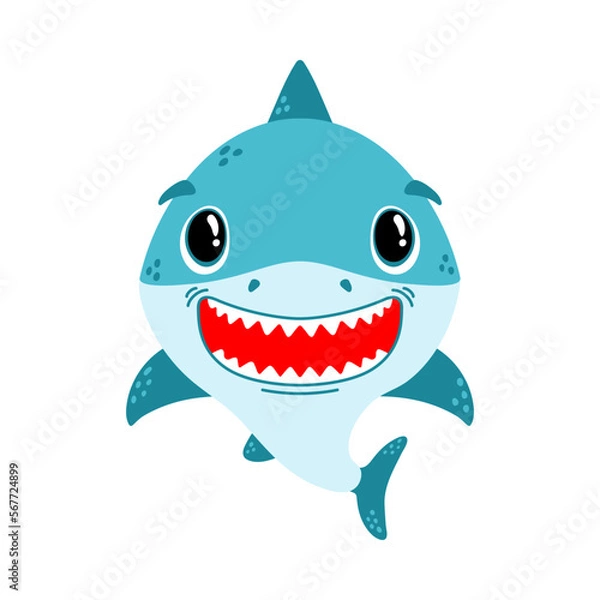 Obraz Cute little shark. Vector illustration, isolated on a white background. Scandinavian cartoon style flat design. Concept for children print.