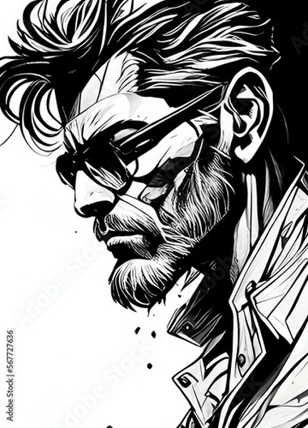 Fototapeta attractive male comic book character, black & white line art, generative ai