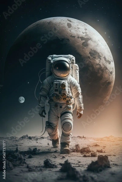 Fototapeta An astronaut walks in his space suit on a distant planet. Outer space