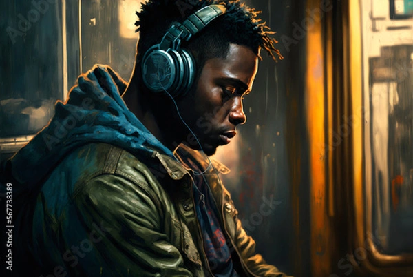 Fototapeta Man listening to music on the train or subway generative AI