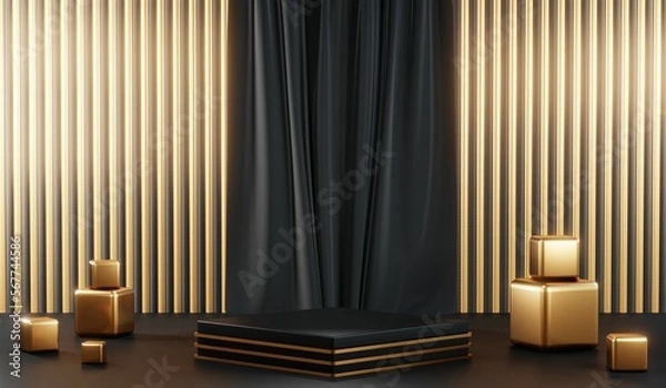 Fototapeta 3d render of abstract realistic studio room with Luxury round pedestal stand podium with golden glitter in shape backdrop. Luxury black friday sale scene for product display presentation background