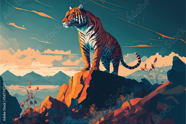 Fototapeta A peaceful illustration of a tiger standing on a rock at sunrise, vector style, Generative AI