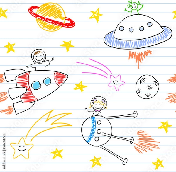 Fototapeta Seamless background with happy children's and aliens