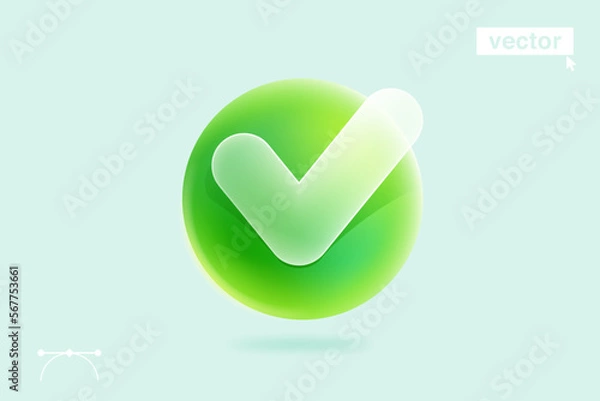 Obraz Glassmorphism style transparent checkmark icon on green sphere. 3d isolated tick logo.