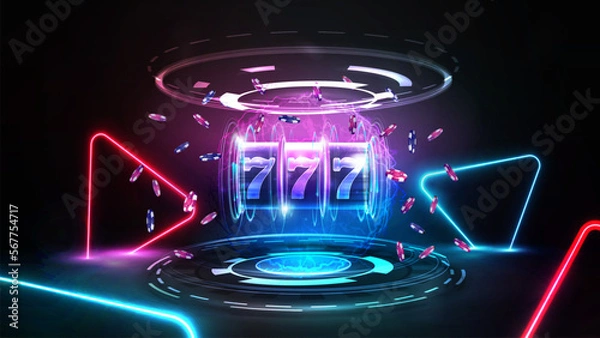 Obraz Neon Casino slot machine with jackpot, poker chips and hologram of digital rings in dark scene with pink and blue neon triangles