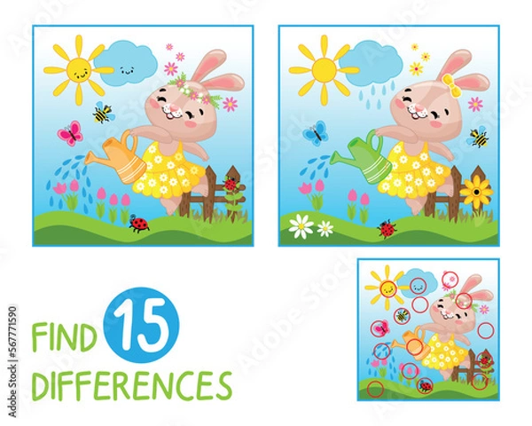 Fototapeta game for children, Easter. Find 15 differences, rabbit is watering the flowers