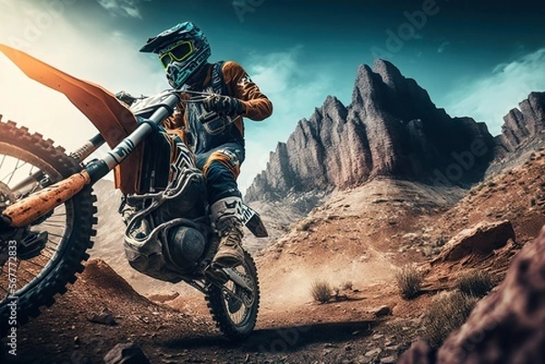 Obraz Rider driving in the motocross race,Extreme Motocross MX Rider riding on a dirt track,Generative ai
