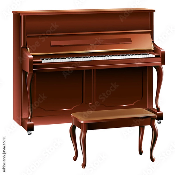 Obraz Classical piano and a stool, isolated on white background