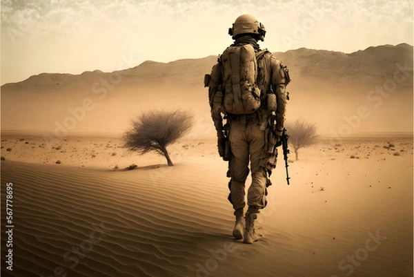 Fototapeta soldier walking through desert, generative ai