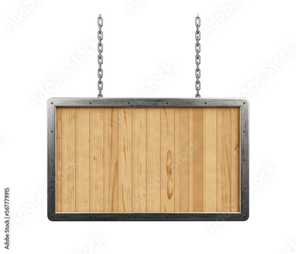 Obraz Wooden rectangular sign with metal border and chains