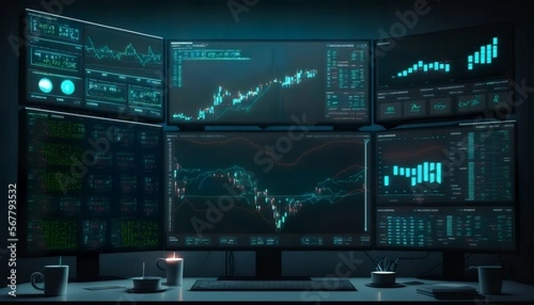 Obraz multiple computer screens, trading charts , diagrams, candle sticks on them, trading
