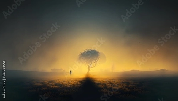 Fototapeta Beautiful sunset on a field with a tree in the middle, background banner, Yellow Black Golden