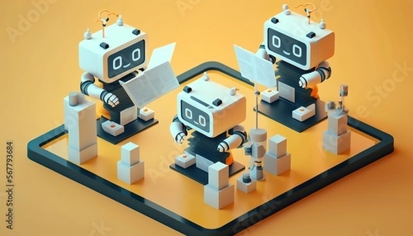 Fototapeta AI robots talking and working together, future vision