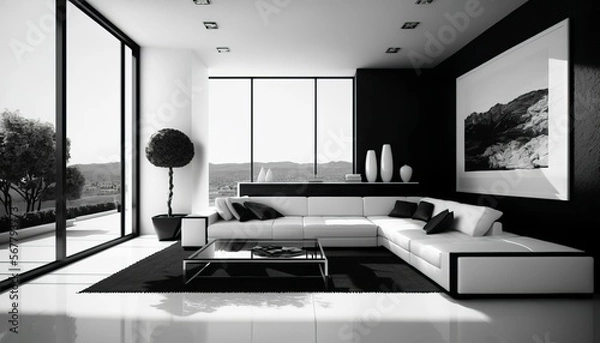 Fototapeta modern living room, minimalistic style, black and white, simple