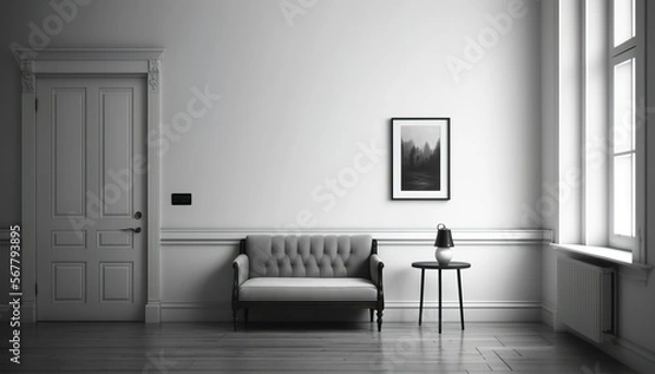 Fototapeta interior of a minimalistic living room, black and white, illustration