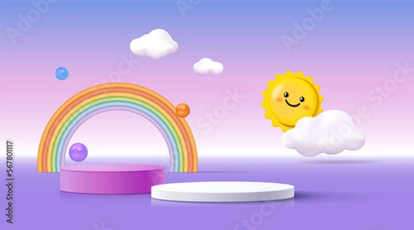 Fototapeta 3d podium on colourful  background with clouds and cute rainbow, kids product display.
