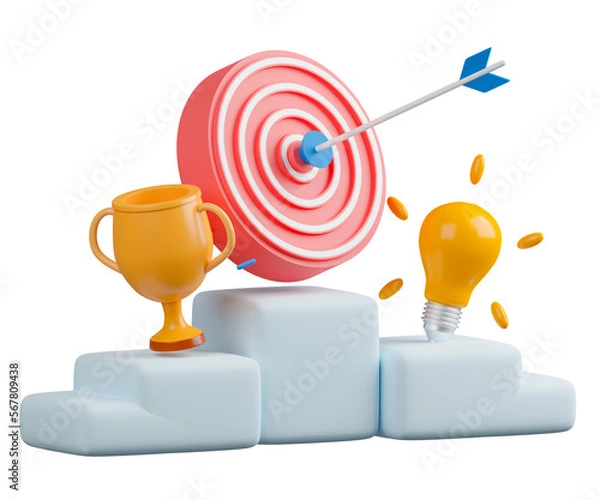 Fototapeta 3d rendering concept business goal and achievement illustration. Trophy, light bulb and archery target on light blue podium.
