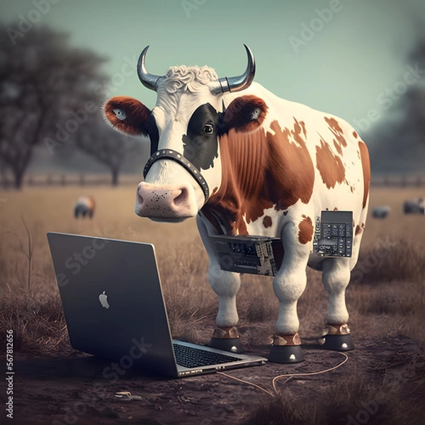 Fototapeta High-Tech Cattle: Cow Using a Laptop at the Farm