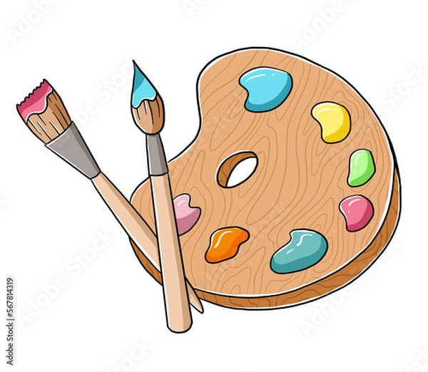 Fototapeta Hand drawn colorful cartoon vector illustration with palette, brushes and colors, artist's equipment