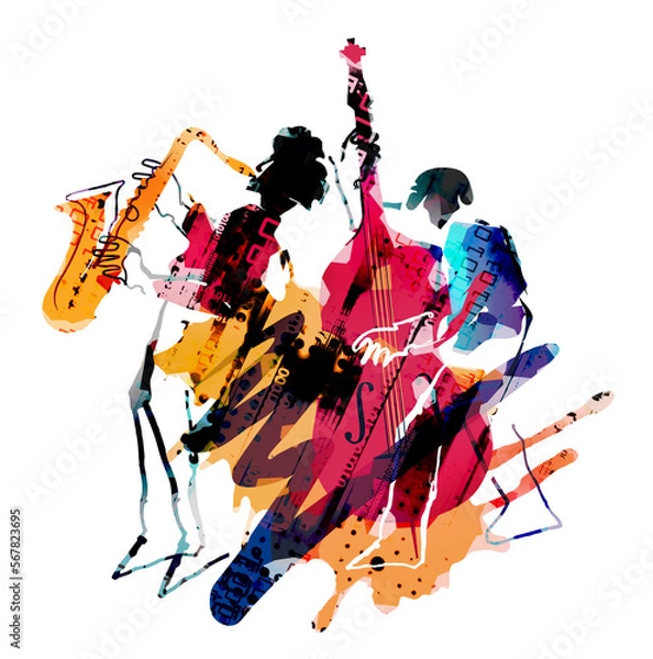 Fototapeta  Jazz theme,Contrabass musician and saxophonist.
 Expressive Illustration of two jazz musicians. Isolated on white background.