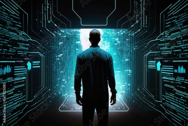 Obraz Big data technology and data science with person from the back, data flowing on virtual screen. Business analytics, artificial intelligence, machine learning. Engineer or scientist  - AI created