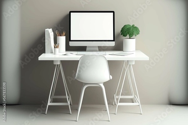 Fototapeta Front view of a contemporary workplace with a white laptop, an empty computer, chairs, and other supplies. a mockup. Generative AI