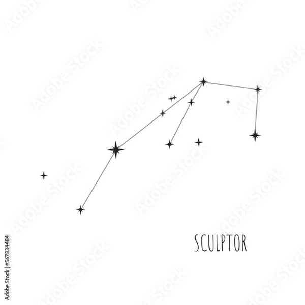 Fototapeta Simple constellation scheme Sculptor, Big Dipper. Doodle, sketch, drawn style, linear icons of all 88 constellations. Isolated on white background
