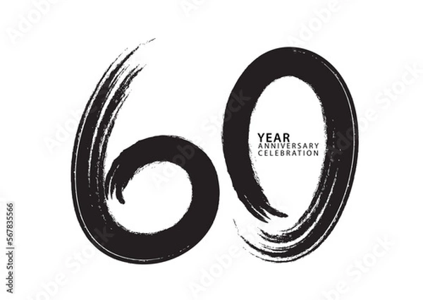 Fototapeta 60 year anniversary celebration logotype black paintbrush vector, 60 number design, 60th Birthday invitation, anniversary template, logo number design vector, calligraphy font, typography logo